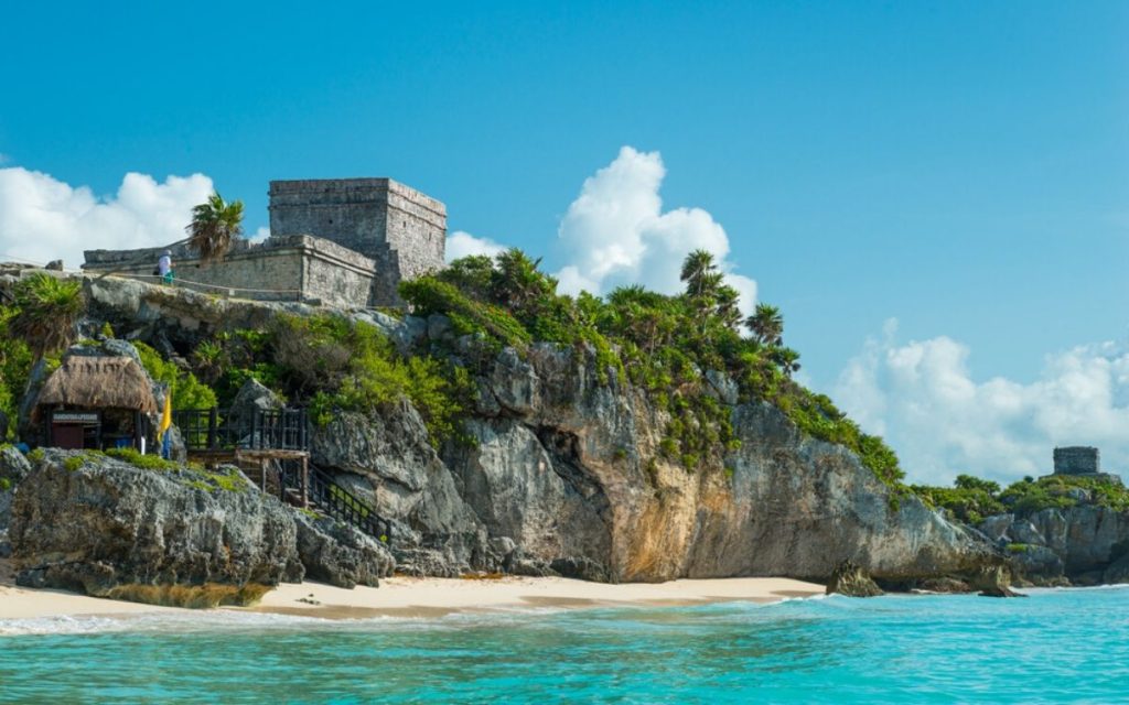 The Tulum Mayan ruins on a cliff above the Caribbean Sea
